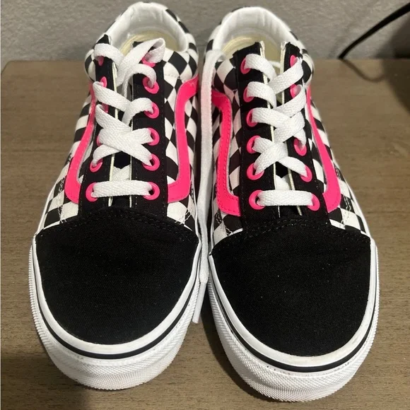 Vans Black and White Checkered Sneakers with Pink Highlights - Picture 2 of 5